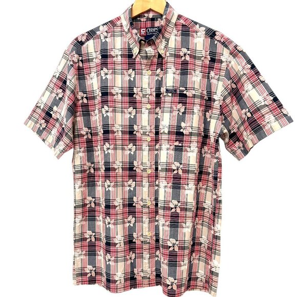 CHAPS RALPH LAUREN Shirt Button Down Short Sleeve Plaid with Floral Pattern Sz M - Picture 1 of 6